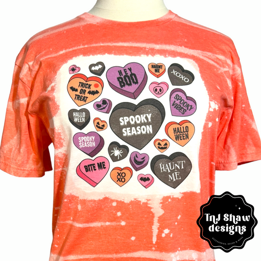 Halloween Unisex Tee - Spooky Candy Hearts - Bleached Tye Dye Effect