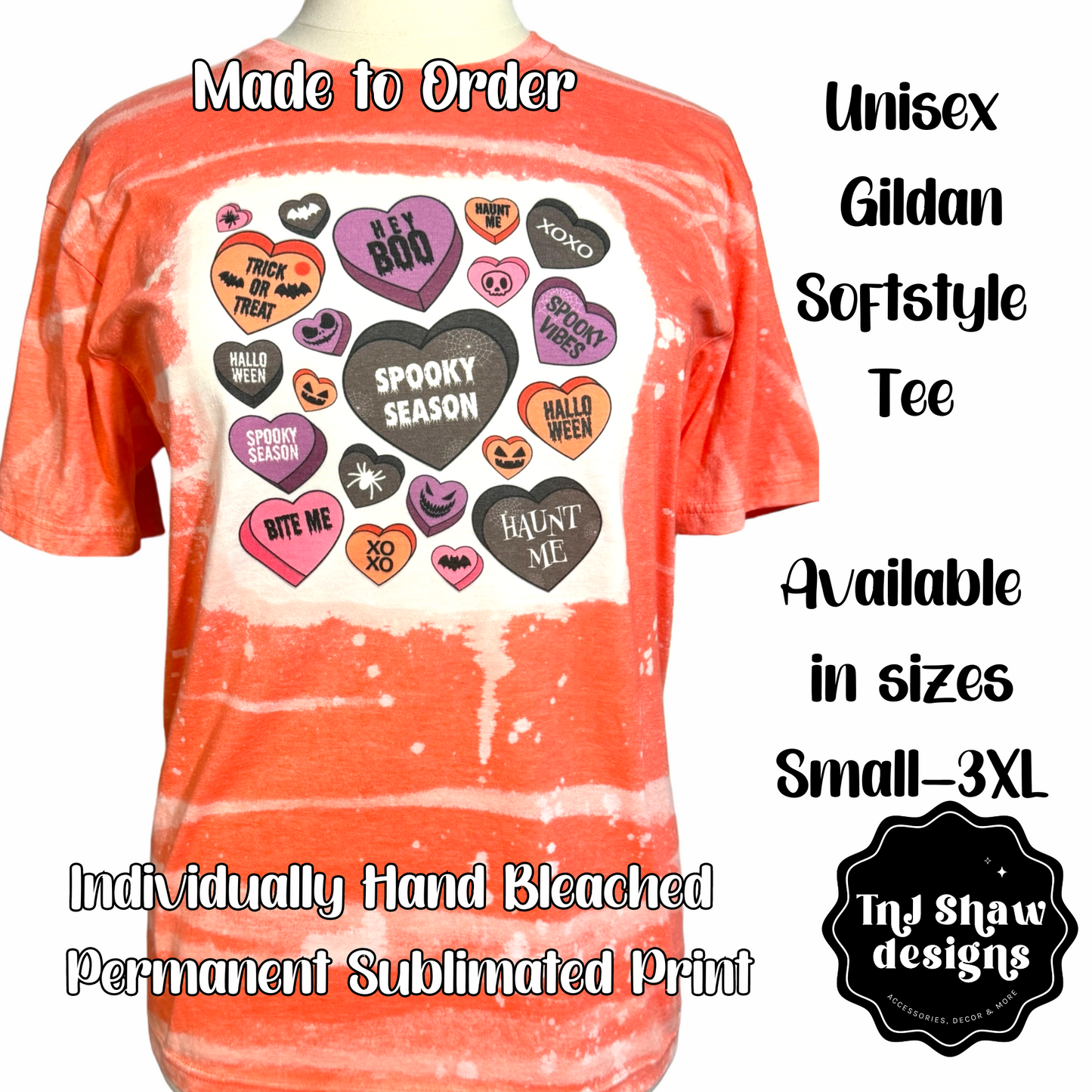 Halloween Unisex Tee - Spooky Candy Hearts - Bleached Tye Dye Effect