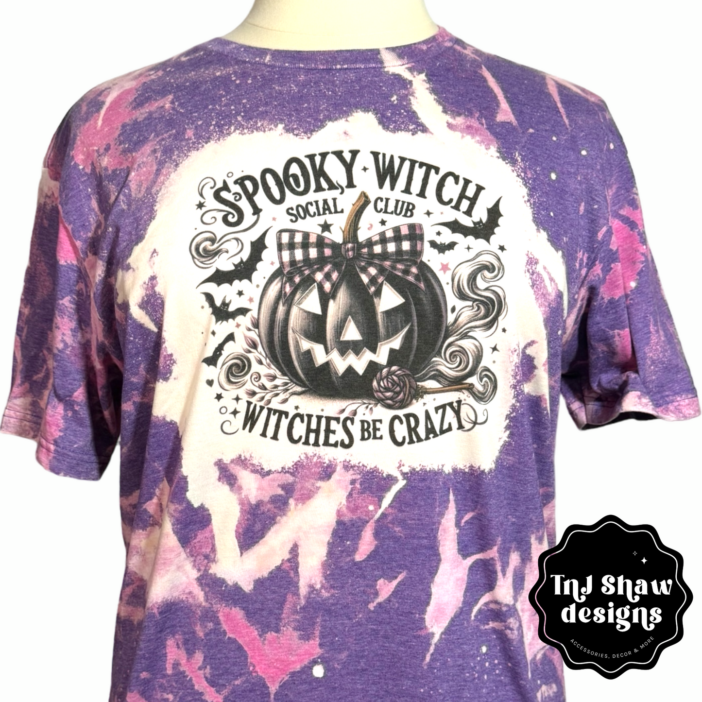 Halloween Unisex Tee - Spooky Witch Social Club Pumpkin - Bleached Tye Dye Effect