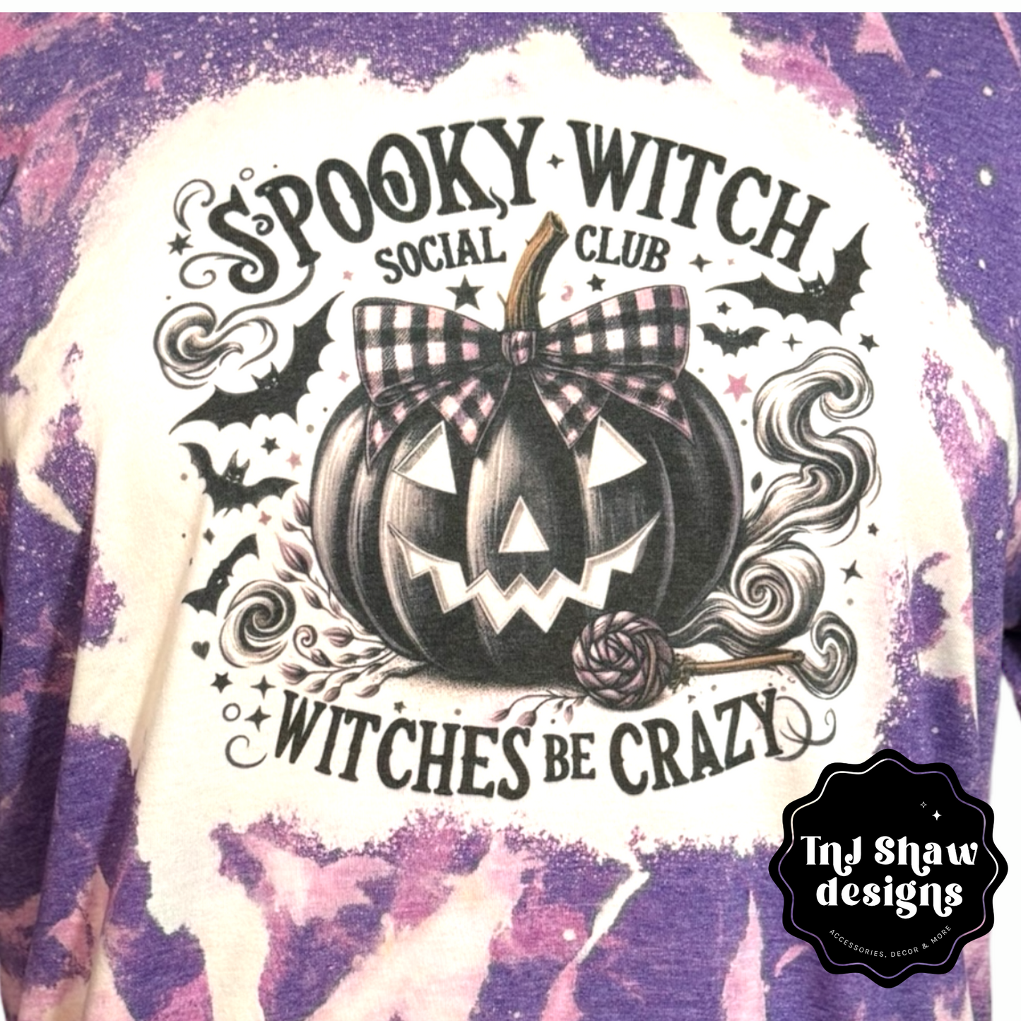 Halloween Unisex Tee - Spooky Witch Social Club Pumpkin - Bleached Tye Dye Effect