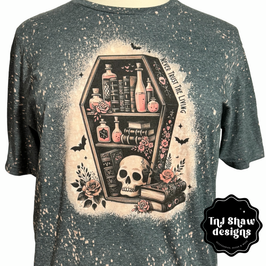 Halloween Unisex Tee - Never Trust the Living - Bleached Tye Dye Effect