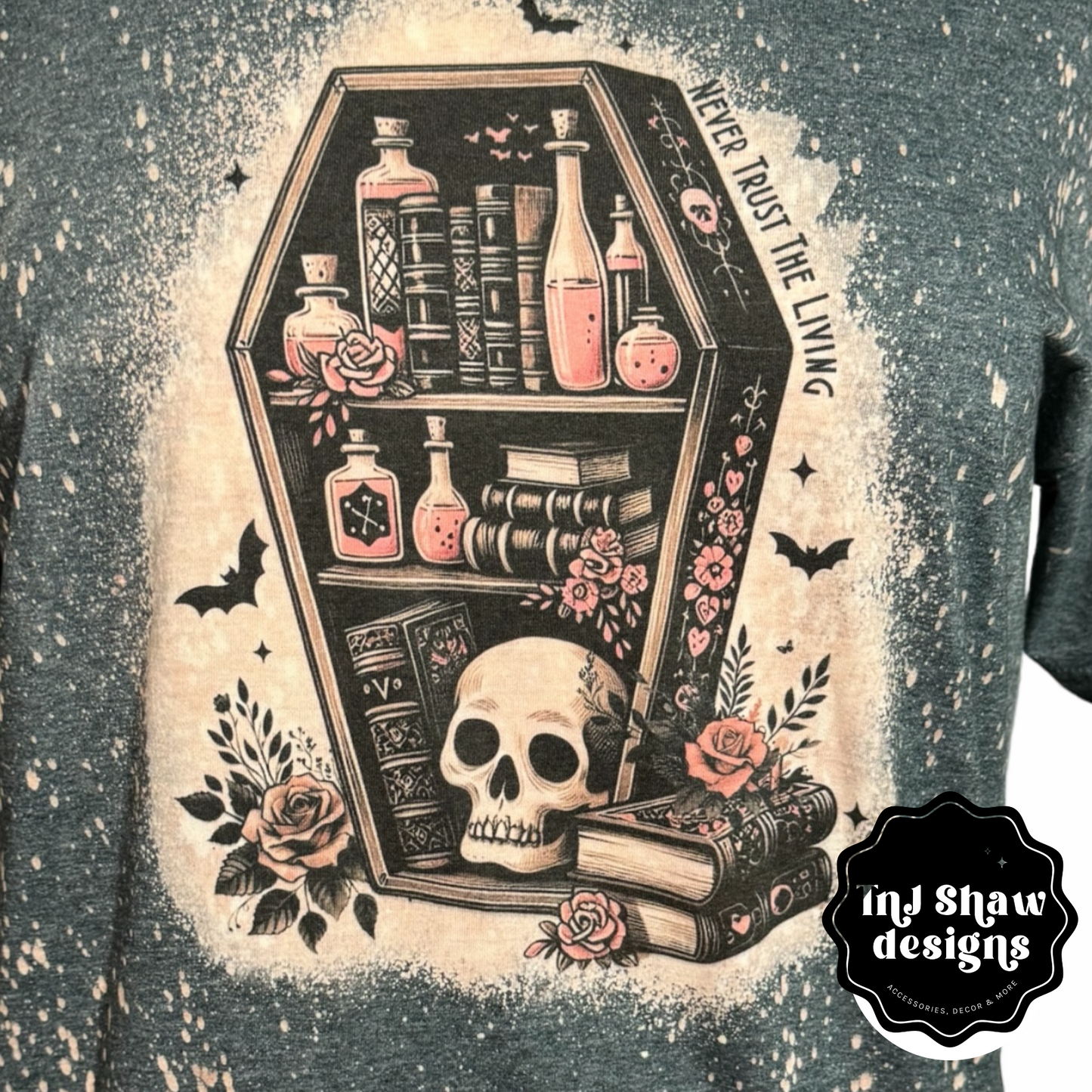 Halloween Unisex Tee - Never Trust the Living - Bleached Tye Dye Effect