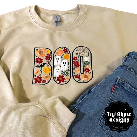Boo Fall Halloween Floral Embroidered Sweatshirt