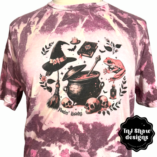 Halloween Unisex Tee - Feeling Witchy - Bleached Tye Dye Effect