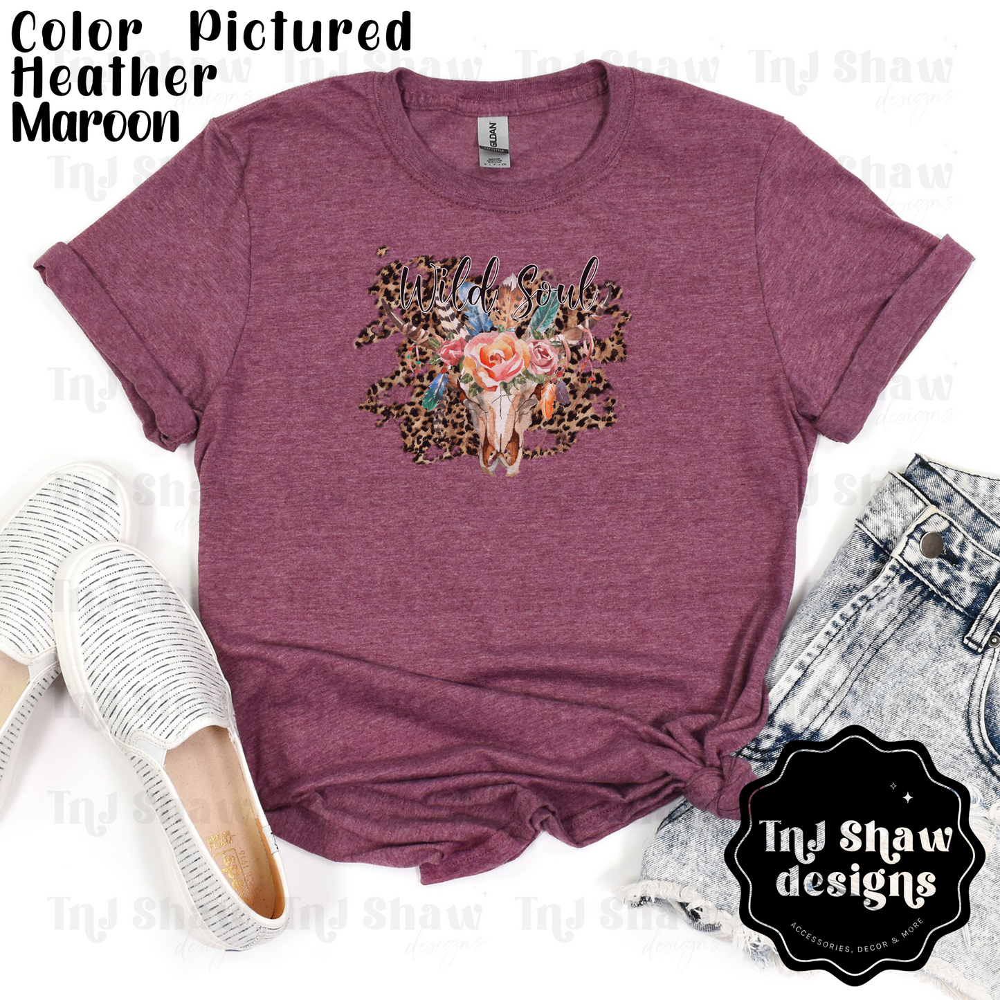 Wild Soul Floral and Leopard Print Bull Skull T-Shirt